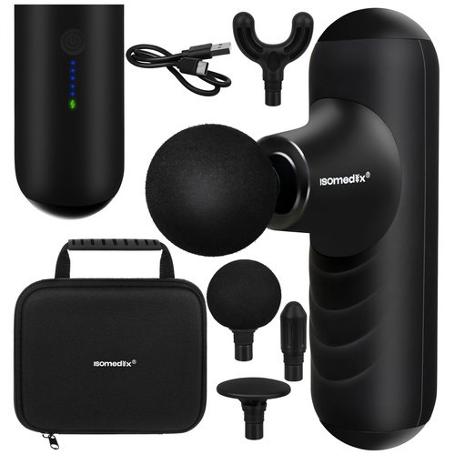 Isomedix 27311 Mini masážní pistole 25 W, 2 x 2500 mAh, 4x nástavec, černá