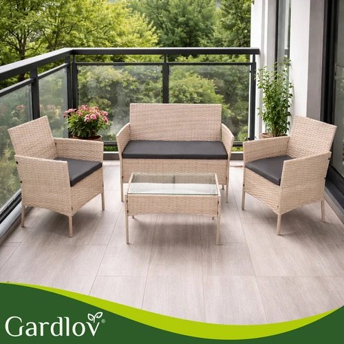 Gardlov 26909 Záhradný nábytok – pohovka, 2 kreslá, stolík so sklenenou doskou, ratanová, béžová