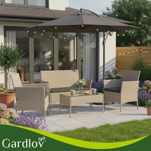 Gardlov 26909 Záhradný nábytok – pohovka, 2 kreslá, stolík so sklenenou doskou, ratanová, béžová