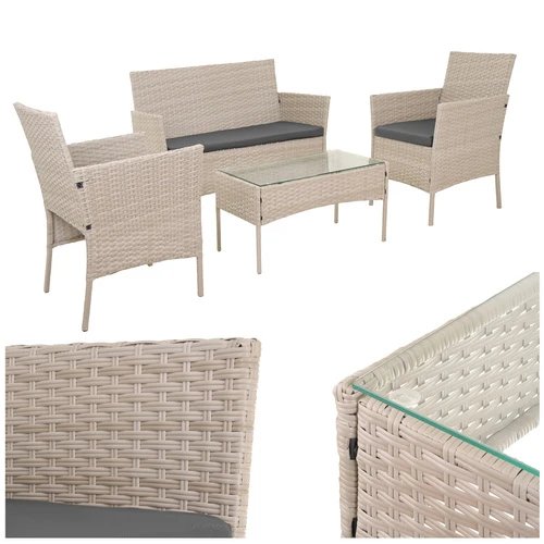 Gardlov 26909 Záhradný nábytok – pohovka, 2 kreslá, stolík so sklenenou doskou, ratanová, béžová