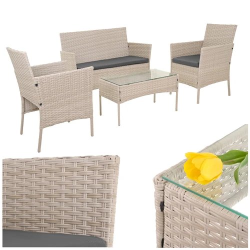 Gardlov 26909 Záhradný nábytok – pohovka, 2 kreslá, stolík so sklenenou doskou, ratanová, béžová