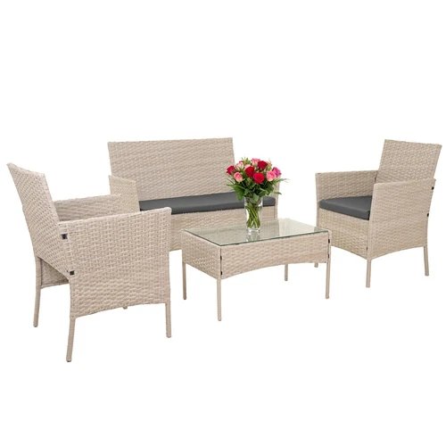 Gardlov 26909 Záhradný nábytok – pohovka, 2 kreslá, stolík so sklenenou doskou, ratanová, béžová
