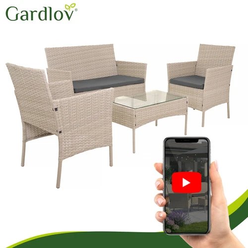 Gardlov 26909 Záhradný nábytok – pohovka, 2 kreslá, stolík so sklenenou doskou, ratanová, béžová