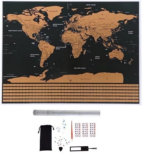 Malatec Velká Stírací mapa světa s vlajkami Deluxe 82 x 59 cm s příslušenstvím černá