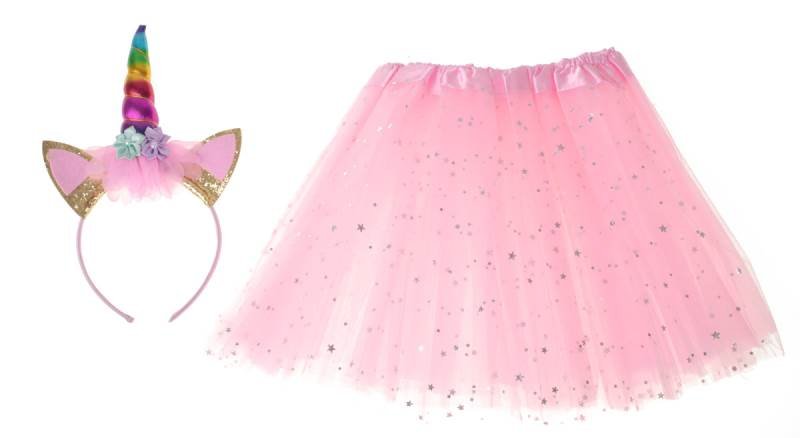 KIK Dětský kostým růžová sukně s čelenkou jednorožec