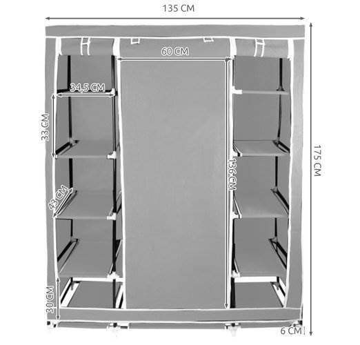 ISO 9756 Dvojitá skříň na oblečení 175 cm × 135 cm × 44 cm šedá