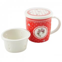 Porcelánový hrnek Elegant red se sítkem a víkem 390 ml - bílé tečky