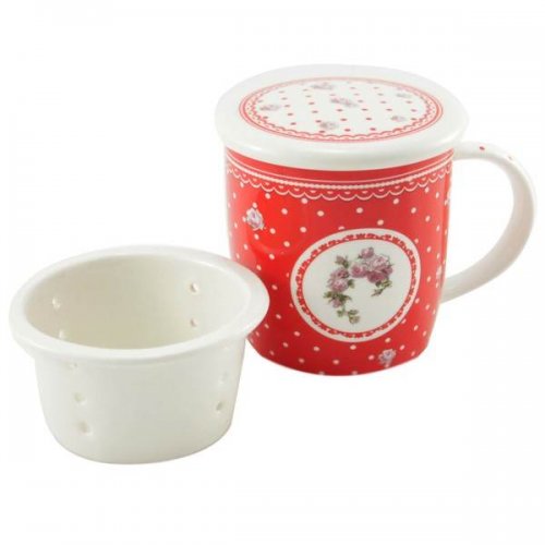 Porcelánový hrnek Elegant red se sítkem a víkem 390 ml - bílé tečky